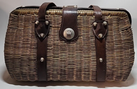 VTG Purse Bag Wicker Rattan British Hong Kong Leather Straps Turn Lock 15&quot;Wx9&quot;H - £27.37 GBP