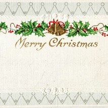 Merry Christmas Gift Tag Card 1910s Holly Gold Bells Original String PCBG6B - $19.99