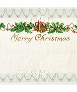 Merry Christmas Gift Tag Card 1910s Holly Gold Bells Original String PCBG6B - $27.32 CAD