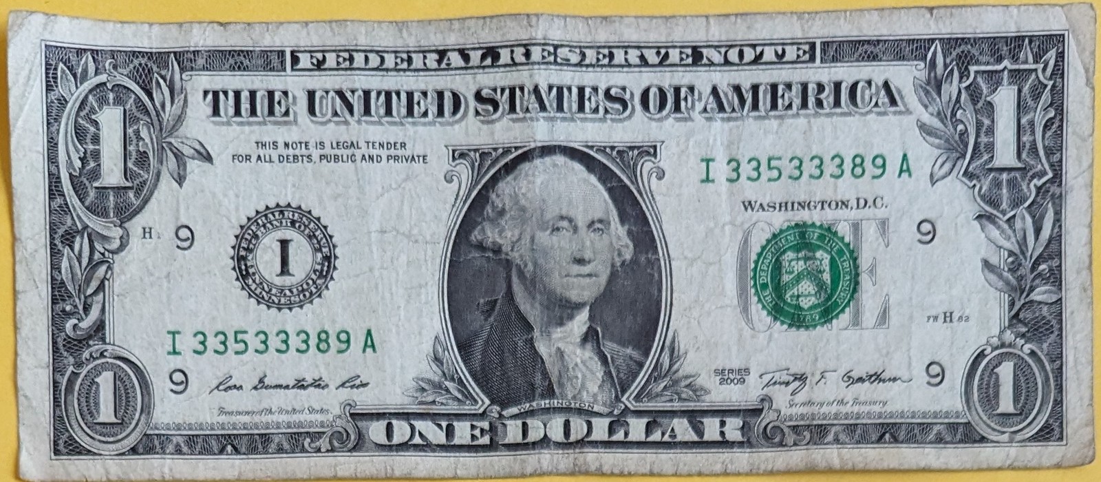 US$1 2009 Federal Reserve Bank Note 5 of a Kind Lucky 3's #33533389 - $5.95