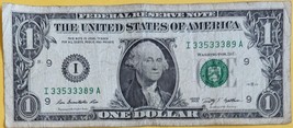 US$1 2009 Federal Reserve Bank Note 5 of a Kind Lucky 3&#39;s #33533389 - $5.95