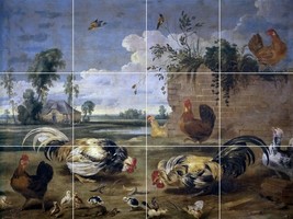 chicken rooster cock fight landscape antique painting ceramic tile mural 24&quot;x18&quot; - £127.30 GBP