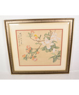 Antique Framed Asian Watercolor Bird &amp; Flower Painting on Silk Stamped - £77.97 GBP