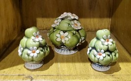 Inarco E-2864 1967 Salt Pepper Shakers w Covered Sugar Green Apple Set Japan - £14.94 GBP