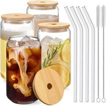Drinking Glasses with Bamboo Lids and Glass Straw 4pcs Set -, 2 Cleaning Brushes - £26.73 GBP