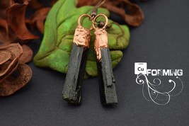 Copper electroformed Earrings with black green Tourmaline crystals and natural c - £30.67 GBP