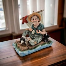 Vintage Lefton Figurine Man and Dog on Raft #7420 Ceramic Porcelain FLAWS - $15.00