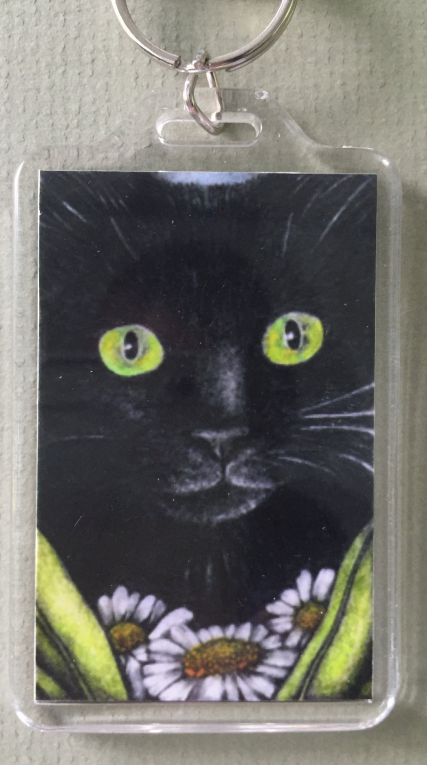Primary image for Large Cat Art Keychain - Black Cat with Daisies