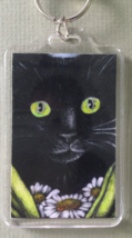 Large Cat Art Keychain - Black Cat with Daisies - $8.00