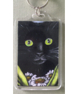 Large Cat Art Keychain - Black Cat with Daisies - £6.32 GBP