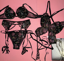 Victoria&#39;s Secret 36B,36D,36DD Bra Set+Garter+L Teddy Black Floral Embroidered - £157.90 GBP