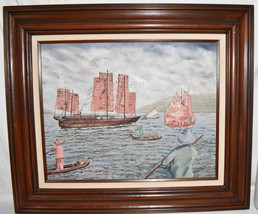 Vintage Original Framed Oil on Board Asian Sail Boat Painting Signed 26&quot; x 24&quot; - £119.47 GBP
