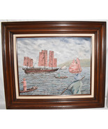 Vintage Original Framed Oil on Board Asian Sail Boat Painting Signed 26&quot;... - £119.10 GBP