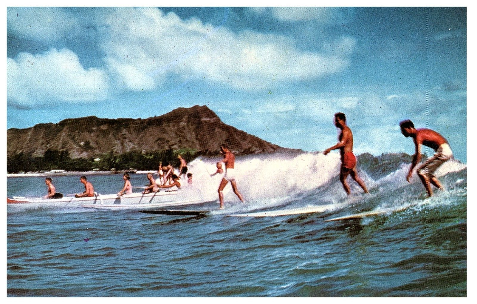 Primary image for Surfing & Canoeing at Waikiki Diamond Head Back Drop Hawaii Postcard