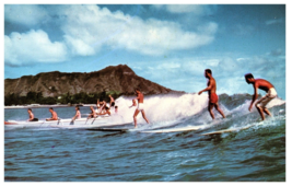 Surfing &amp; Canoeing at Waikiki Diamond Head Back Drop Hawaii Postcard - $9.85