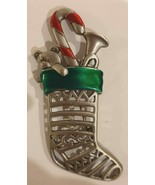 JJ Jonette Jewelry Brooch Pin Pewter Christmas Stocking Enamel Rhinestone - $25.19 CAD