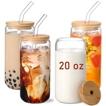 20 Oz Glass Cups With Bamboo Lids And Glass Straw - 4Pcs Set Beer Can Shaped Dri - £30.27 GBP