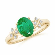 ANGARA Solitaire Oval Emerald Criss Cross Ring with Diamonds in 14K Gold - £1,202.49 GBP