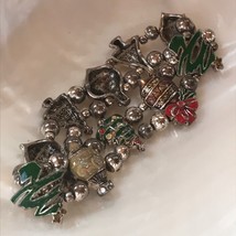 Estate Green &amp; Red Enamel Christmas Tree Ornament Holiday Silvertone Stretch Bra - £8.30 GBP