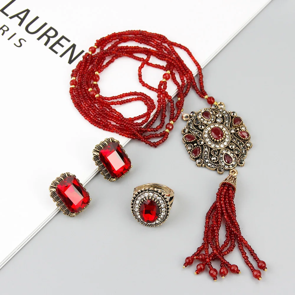 Elegent Red Crystal Wedding Jewelry Sets Beads Necklace Ring Stud Earring for Wo - £11.96 GBP