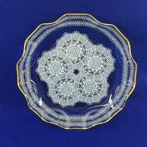 Glass Platter Gold Ruffled Rim Printed White Doily Pattern Vintage 10&quot; Diameter - £29.38 GBP