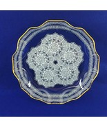 Glass Platter Gold Ruffled Rim Printed White Doily Pattern Vintage 10&quot; D... - £30.03 GBP