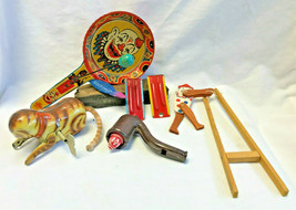 Vtg Tin Litho Toy Mixed Lot Pan Noisemaker Clown Cat Whistle Pipe Alligator - $59.95