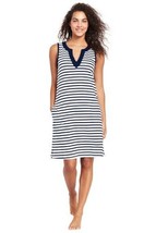 Lands End Women&#39; Cottom Jersey Tunic Dress Cover-up White Deep Sea Strip... - $24.99