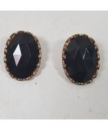 Vintage Stud Earrings Beveled Black w/ Gold Tone 1 Inch Oval - $276.38 MXN