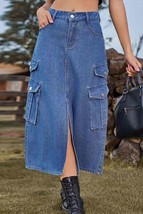 Slit Front Midi Denim Skirt with Pockets - £42.15 GBP