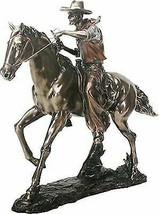 Large 21.25&quot;Long Cowboy On Horse Figurine in Bronze Powder Finish Resin Statue - £225.83 GBP