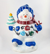 Houston Harvest Snowman Cookie Jar 12&quot;x11&quot; Skating Holding Tree Christmas Vtg - £11.96 GBP