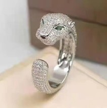 Solid 925 Sterling Silver Full AAA Zircon Leopard Finger Ring Gold Panther Anima - £56.65 GBP