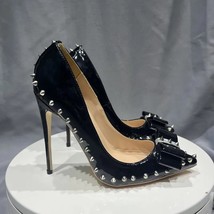 Elegant Black High Heel Shoes with Studs and Bow - $62.51