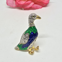 green Blue Enamel Rhinestone Duck Brooch Pin - $14.95
