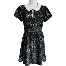 Unique Vintage Black White Roses 1950s Peter Pan Collar Belted Swing Dre... - $24.29