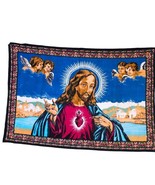 VTG Tapestry Fabric Wall Hanging Sacred Heart Jesus Christ Angels 57x38 ... - £61.43 GBP