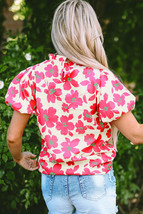 Beige Floral Puff Sleeve Frilled Neckline Blouse - £23.64 GBP