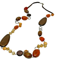 Vintage Womens Wood and Glass Beaded Necklace 21 Inches Long Orange Brown Cream - £10.83 GBP