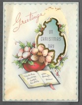 Vintage 1940s Wwii Era Christmas Greeting Card Art Deco Die Cut Gold Edge Holly - £11.85 GBP