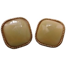 Pierced Women Earrings Beige Color Tone Faceted Cushion Shaped Beads Gold Tone - $12.86