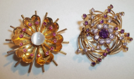 Lot of 2 Vintage Pins Gold Tone Rhinestone Purple Pink Moonstone Signed ... - $19.79