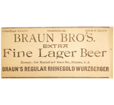 1895 Braun Bros Lager Beer Victorian Advertisement Rhinegold Wurzberger ... - $371.04 MXN