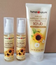 3 pcs set Human Nature 100% Natural Sunflower Beauty Body Scrub and Beauty Oil - £29.75 GBP