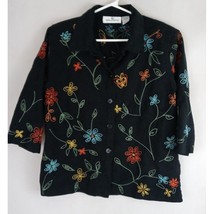 Erin London Black Blouse With Colorful Embroidered Floral Butterfly Design M - £10.05 GBP