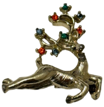 Christmas Reindeer Brooch Pin Rhinestone Antlers Gold-Tone Vintage Holiday Small - £6.28 GBP