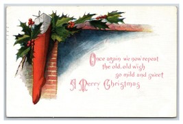 Merry Christmas Fireplace Stocking Holly Poem DB Postcard O18 - $2.92