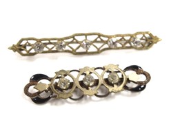 2 Victorian brooches Bar pins antique 100 years old Enameled  C-Clasp Rh... - $59.55
