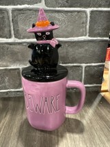 Rae Dunn &quot;Beware&quot; Purple Mug with Black Cat Topper Halloween Cute - $18.80