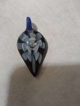 Art Glass Blue Flower Black Necklace Pendant - $8.00